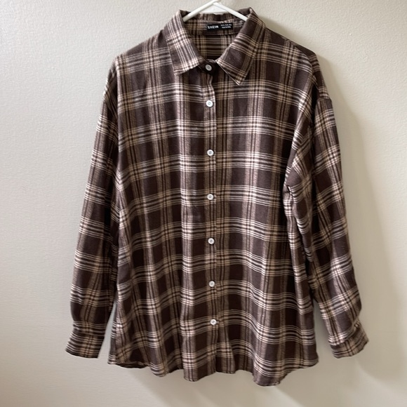 SHEIN Women’s Flannel Long Sleeve Shirt Brown and Tan Sz 6 - Picture 6 of 13